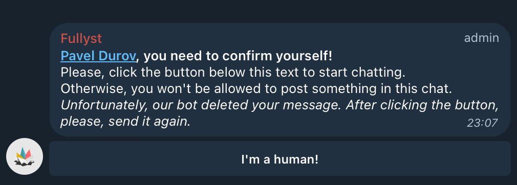 Captcha for Telegram chats